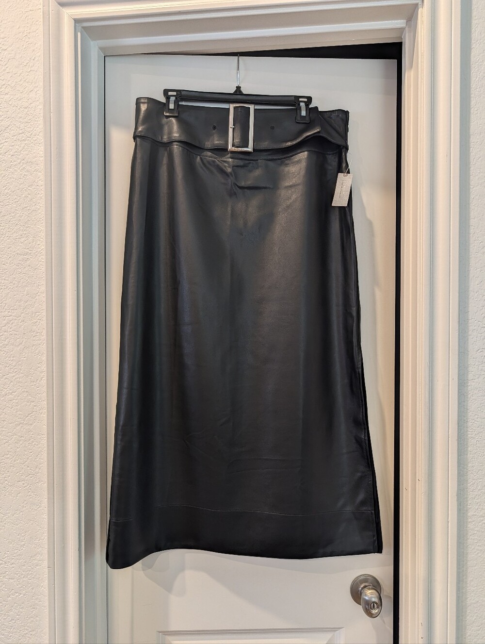 Anthropology Black PU Midi Skirt with Silver Buckle Waist